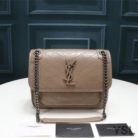 YSL Baby Niki Chain Bag In Crinkled And Quilted Leather Apricot And Silver