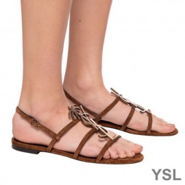 YSL Cassandra Open Sandals In Suede with Palm Tree Logo Brown