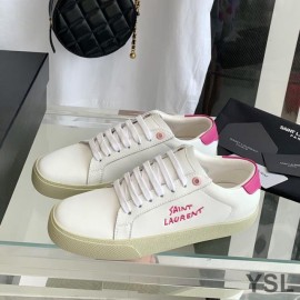 YSL Court Classic Sneakers In Embroidered Leather with Rose Logo White And Rose