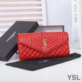 YSL Large Envelope Flap Wallet In Mixed Grained Matelasse Leather Red And Gold