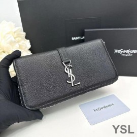 YSL Large Line Zip Around Wallet In Grained Leather Black And Silver