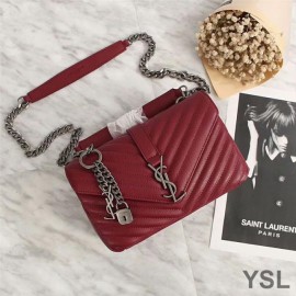 YSL Medium Size Classic College Chain Bag In Matelasse Leather Burgundy And Silver