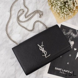 YSL Medium Size Kate Chain Bag In Grained Leather Black And Silver