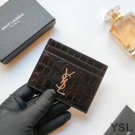 YSL Monogram Card Case In Crocodile Embossed Leather Black And Silver