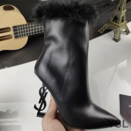 YSL Opyum Ankle Boots In Smooth Leather and Mink Fur With Black Heel Black