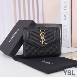 YSL Small Envelope Trifold Wallet In Mixed Grained Matelasse Leather Black And Gold