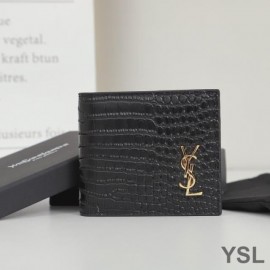 YSL Tiny Monogram East And West Wallet In Crocodile Embossed Leather Black And Gold